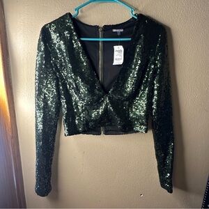 NWT Charlotte Russe Code Glam Squad Green sequin Long Sleeve Crop Top Small
